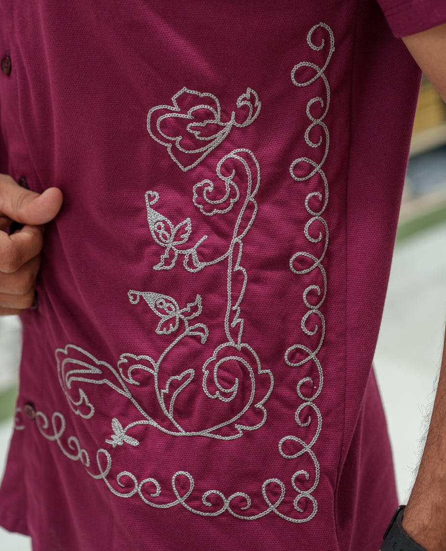 Red Cotton-Blended Casual Shirt Comes with Floral-Themed Thread Embroidery, Spread Collar, Half Sleeves, Regular Fit, and Regular Length