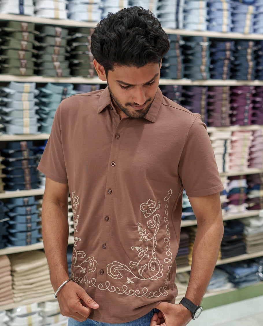 Brown Cotton-Blended Casual Shirt Comes with Floral-Themed Thread Embroidery, Spread Collar, Half Sleeves, Regular Fit, and Regular Length