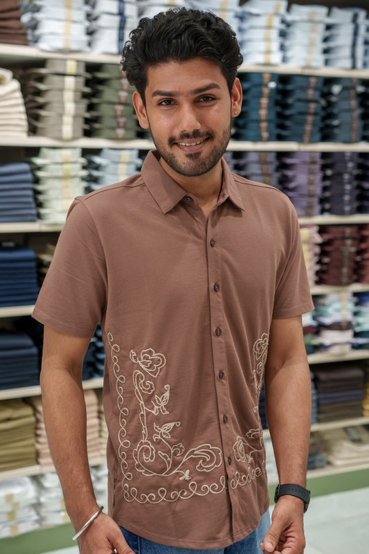 Brown Cotton-Blended Casual Shirt Comes with Floral-Themed Thread Embroidery, Spread Collar, Half Sleeves, Regular Fit, and Regular Length