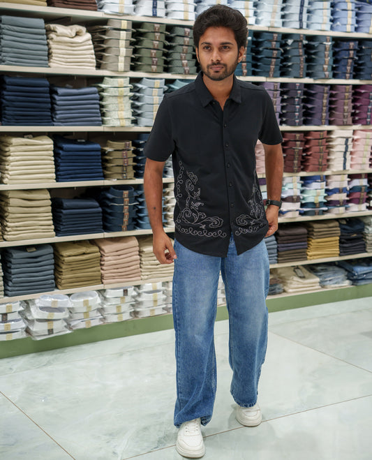 Black Cotton-Blended Casual Shirt Comes with Floral-Themed Thread Embroidery, Spread Collar, Half Sleeves, Regular Fit, and Regular Length