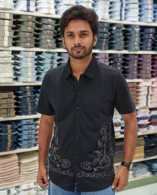 Black Cotton-Blended Casual Shirt Comes with Floral-Themed Thread Embroidery, Spread Collar, Half Sleeves, Regular Fit, and Regular Length