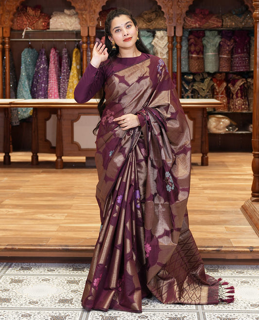 Borderless wine zari 6-petal flowers, and colorful floral motifs woven fancy tussar saree, jaal pallu, and a matching jacquard blouse