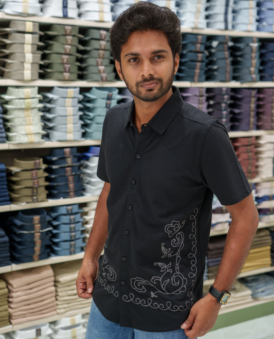 Black Cotton-Blended Casual Shirt Comes with Floral-Themed Thread Embroidery, Spread Collar, Half Sleeves, Regular Fit, and Regular Length