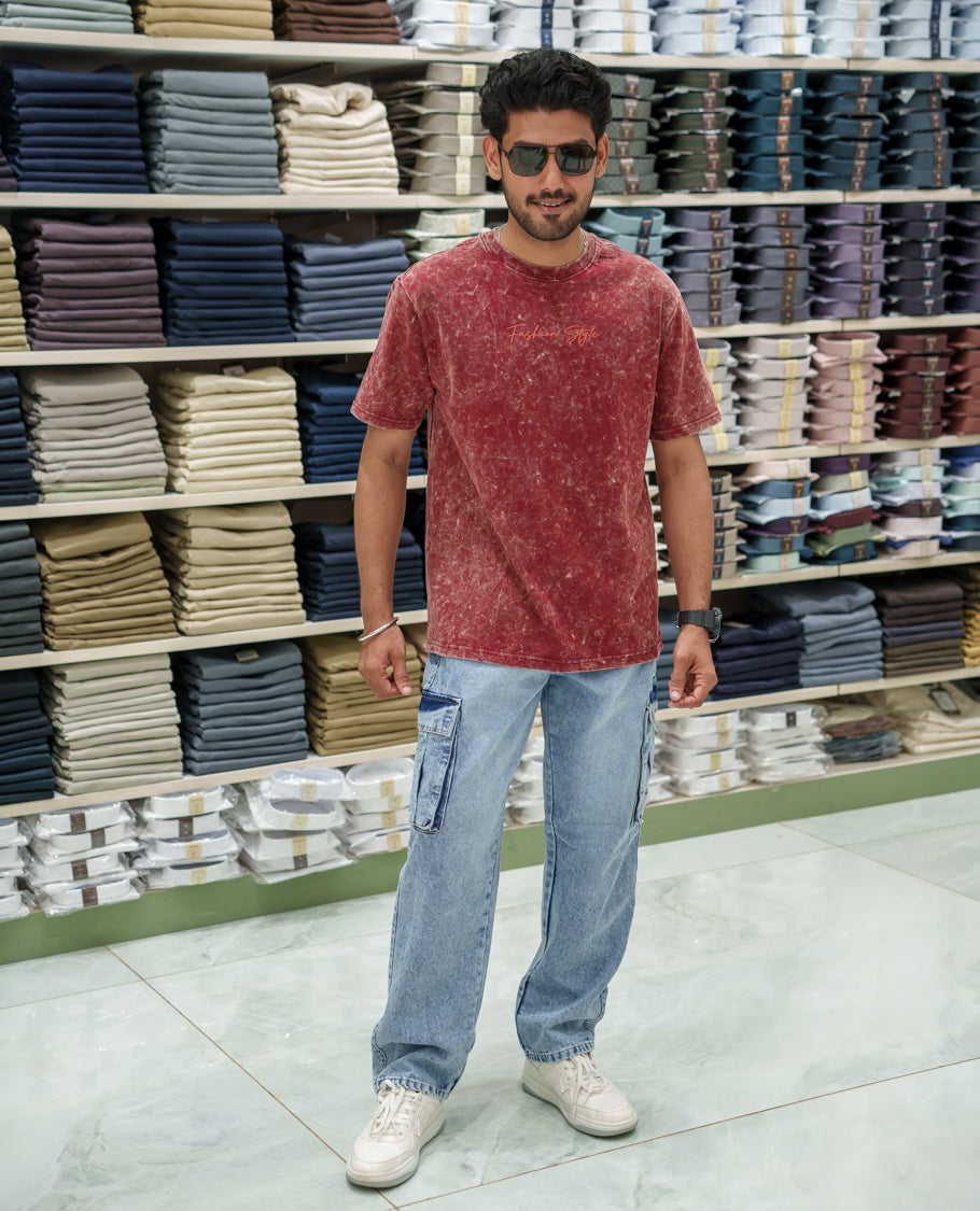 Red Cotton-Blended Lava-Wash T-Shirt Comes with a Typographic Print, Crew Neck, Half Sleeves, Oversized Fit, and Regular Length