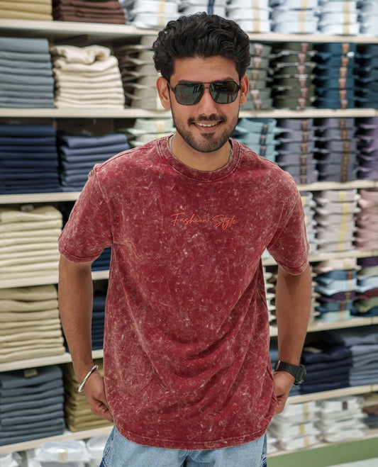 Red Cotton-Blended Lava-Wash T-Shirt Comes with a Typographic Print, Crew Neck, Half Sleeves, Oversized Fit, and Regular Length