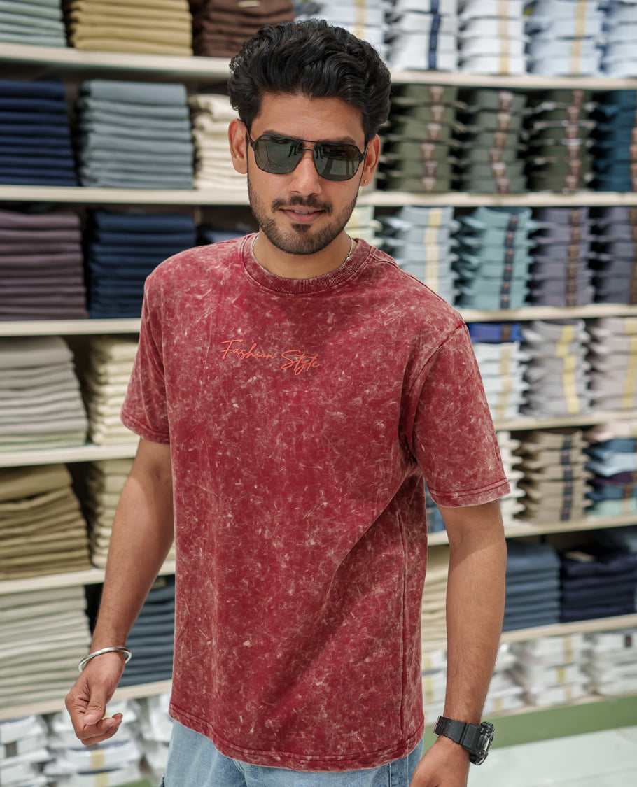 Red Cotton-Blended Lava-Wash T-Shirt Comes with a Typographic Print, Crew Neck, Half Sleeves, Oversized Fit, and Regular Length