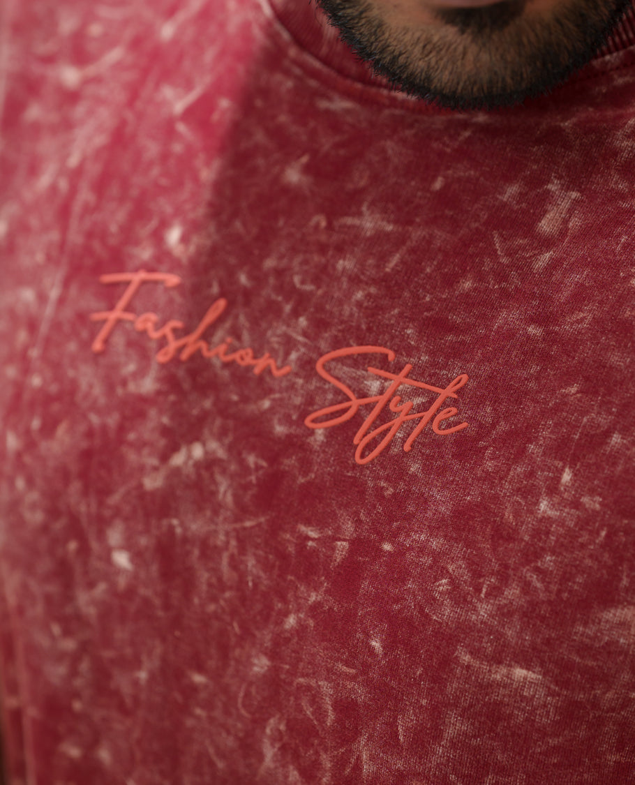 Red Cotton-Blended Lava-Wash T-Shirt Comes with a Typographic Print, Crew Neck, Half Sleeves, Oversized Fit, and Regular Length
