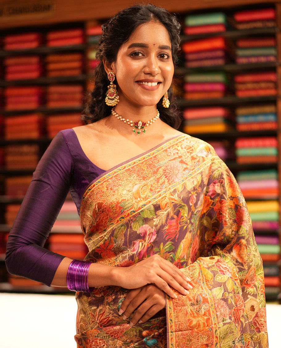Dark Purple Tropical Floral Russian Dola Tissue Saree, Floral-Bird Border, and a Matching Blouse