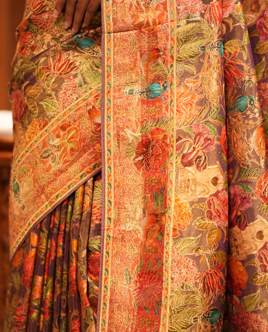Dark Purple Tropical Floral Russian Dola Tissue Saree, Floral-Bird Border, and a Matching Blouse