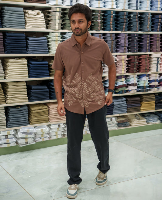 Brown Cotton-Blended Casual Shirt Comes with Tropical Floral Print, Spread Collar, Half Sleeves, Regular Fit, and Regular Length