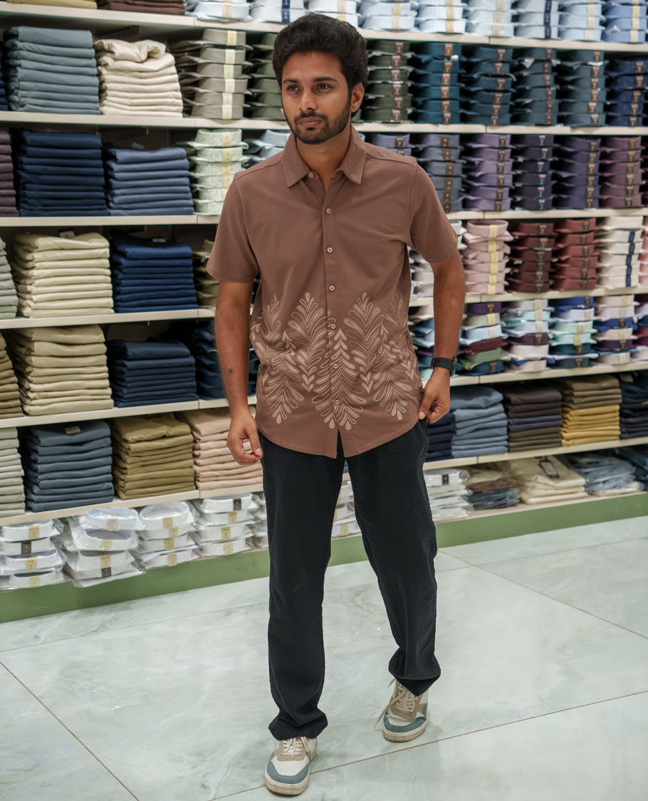 Brown Cotton-Blended Casual Shirt Comes with Tropical Floral Print, Spread Collar, Half Sleeves, Regular Fit, and Regular Length