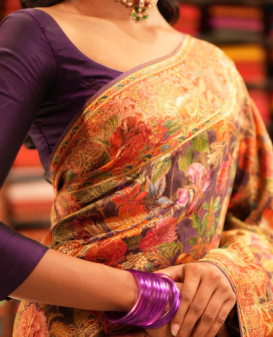 Dark Purple Tropical Floral Russian Dola Tissue Saree, Floral-Bird Border, and a Matching Blouse