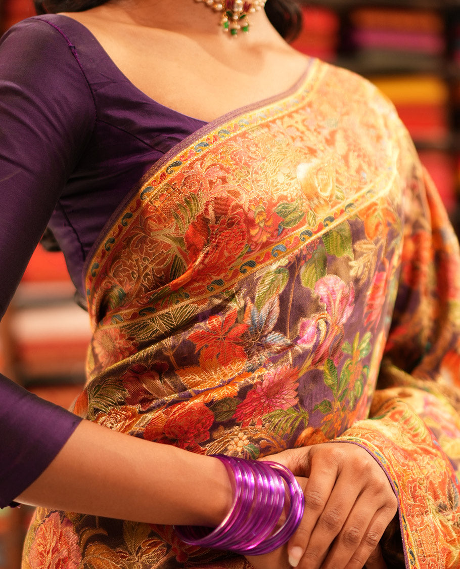 Dark Purple Tropical Floral Russian Dola Tissue Saree, Floral-Bird Border, and a Matching Blouse