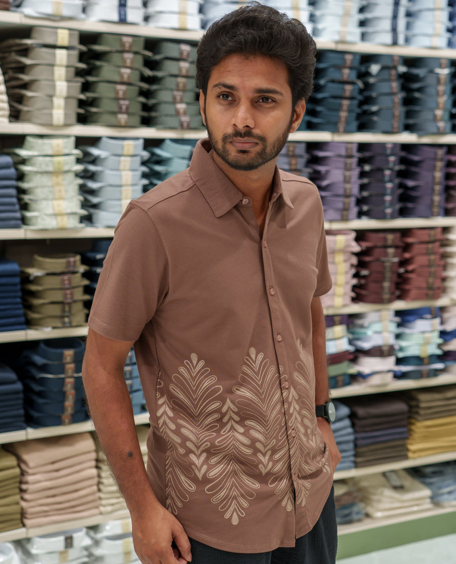 Brown Cotton-Blended Casual Shirt Comes with Tropical Floral Print, Spread Collar, Half Sleeves, Regular Fit, and Regular Length
