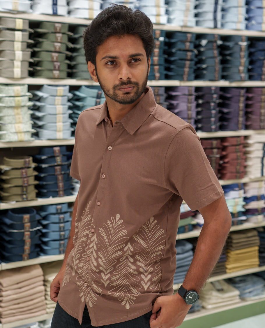 Brown Cotton-Blended Casual Shirt Comes with Tropical Floral Print, Spread Collar, Half Sleeves, Regular Fit, and Regular Length