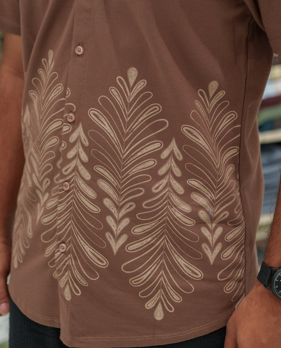 Brown Cotton-Blended Casual Shirt Comes with Tropical Floral Print, Spread Collar, Half Sleeves, Regular Fit, and Regular Length
