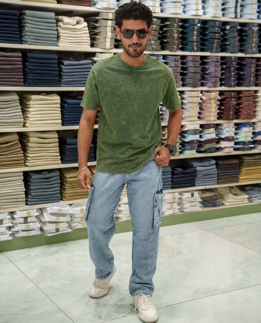 Green Cotton-Blended Lava-Wash T-Shirt Comes with a Typographic Print, Crew Neck, Half Sleeves, Oversized Fit, and Regular Length