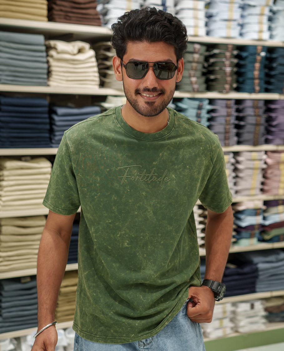 Green Cotton-Blended Lava-Wash T-Shirt Comes with a Typographic Print, Crew Neck, Half Sleeves, Oversized Fit, and Regular Length