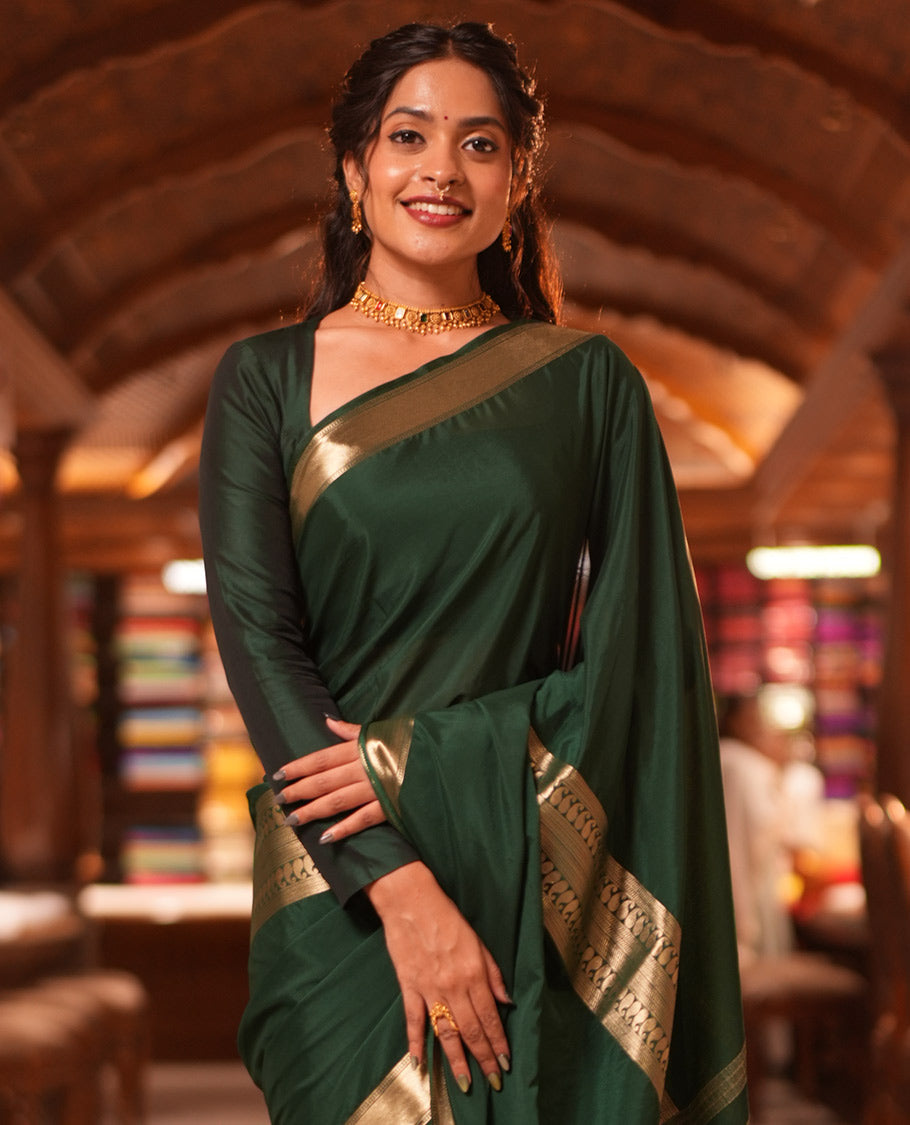 Bottle Green Traditional Zari Woven Mysore Silk Saree, a Zari Border, Striped Pallu, and a Matching Blouse
