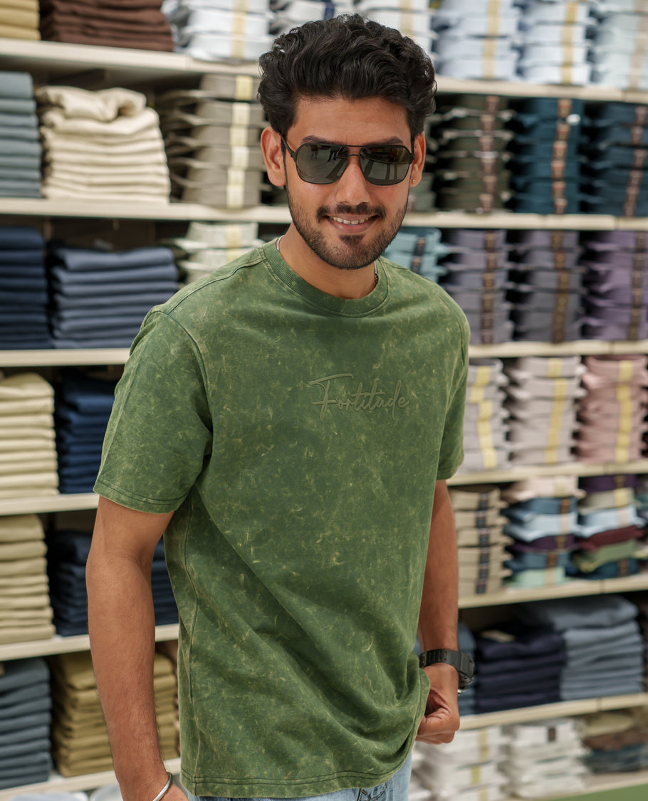 Green Cotton-Blended Lava-Wash T-Shirt Comes with a Typographic Print, Crew Neck, Half Sleeves, Oversized Fit, and Regular Length