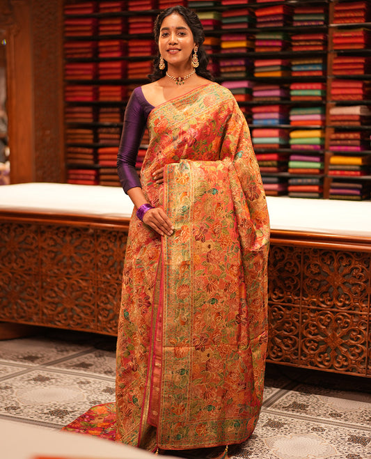 Pink Tropical Floral Russian Dola Tissue Saree, Floral-Bird Border, and a Matching Blouse