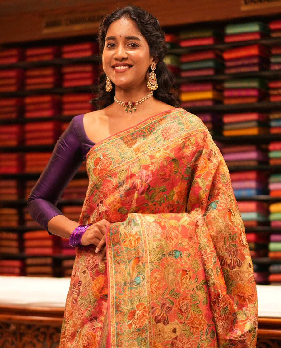 Pink Tropical Floral Russian Dola Tissue Saree, Floral-Bird Border, and a Matching Blouse