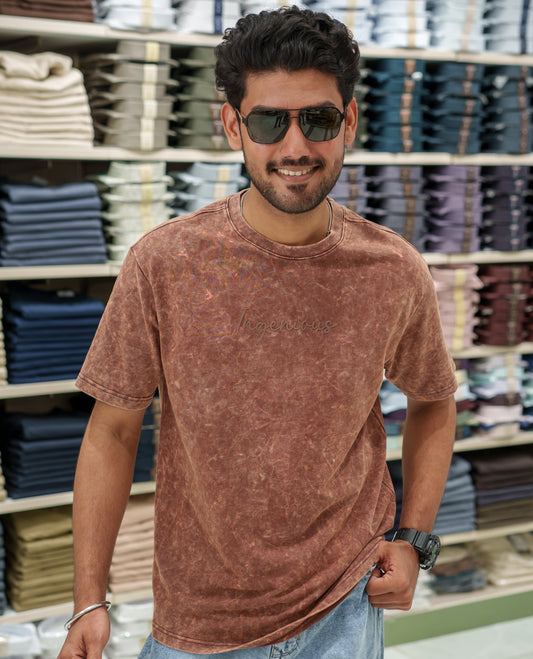 Brown Cotton-Blended Lava-Wash T-Shirt Comes with a Typographic Print, Crew Neck, Half Sleeves, Oversized Fit, and Regular Length