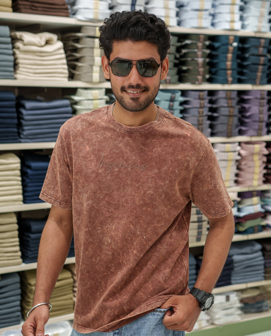 Brown Cotton-Blended Lava-Wash T-Shirt Comes with a Typographic Print, Crew Neck, Half Sleeves, Oversized Fit, and Regular Length