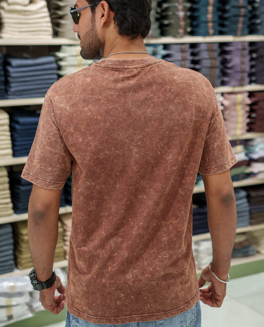 Brown Cotton-Blended Lava-Wash T-Shirt Comes with a Typographic Print, Crew Neck, Half Sleeves, Oversized Fit, and Regular Length