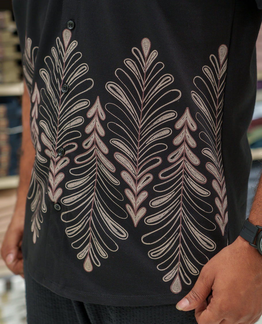 Black Cotton-Blended Casual Shirt Comes with Tropical Floral Print, Spread Collar, Half Sleeves, Regular Fit, and Regular Length