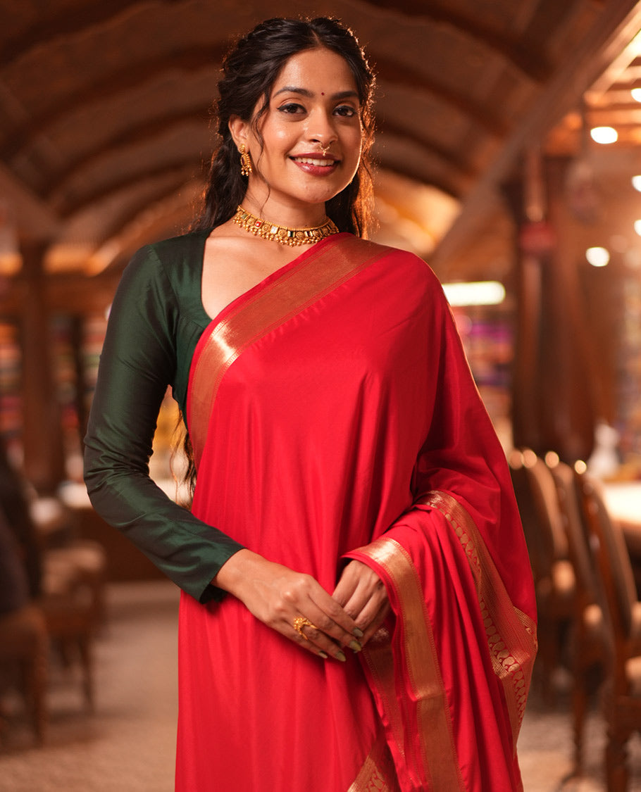 Red Traditional Zari Woven Mysore Silk Saree, a Zari Border, Striped Pallu, and a Matching Blouse