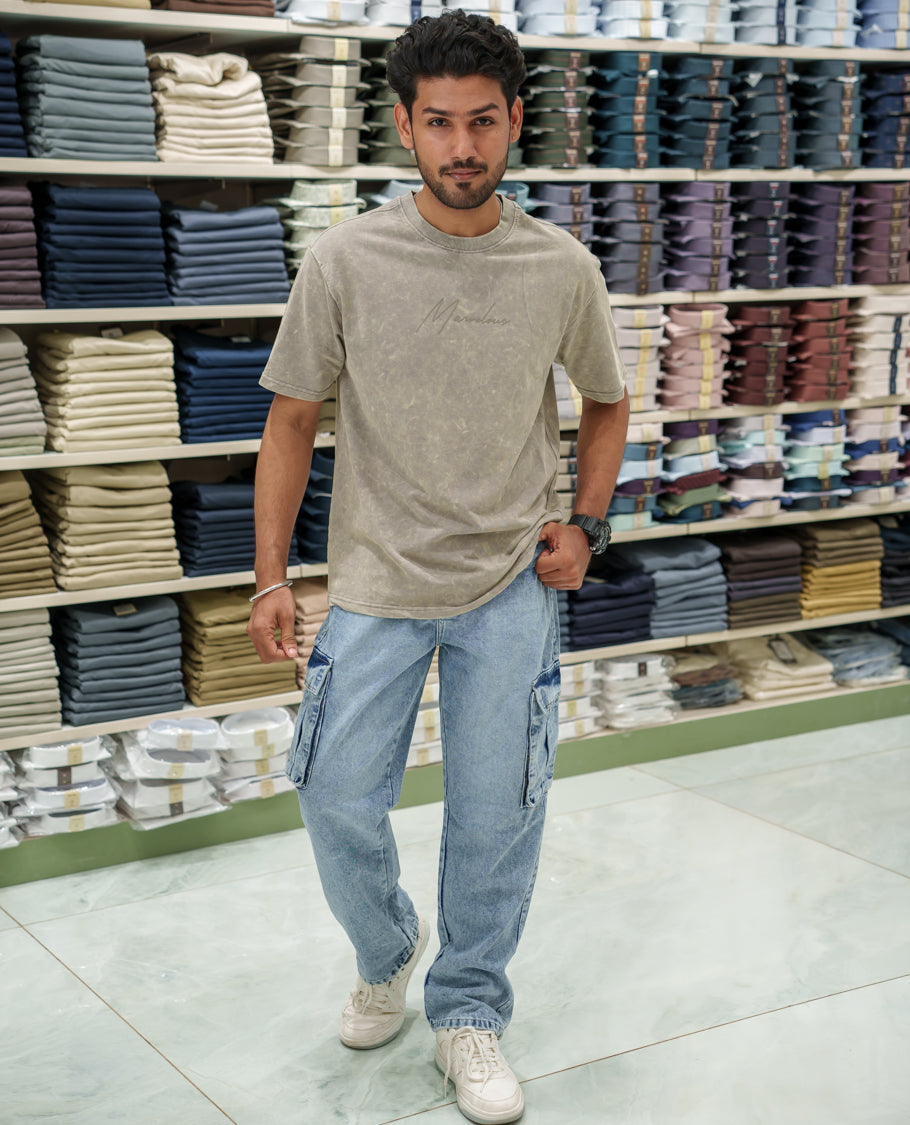 Beige Cotton-Blended Lava-Wash T-Shirt Comes with a Typographic Print, Crew Neck, Half Sleeves, Oversized Fit, and Regular Length