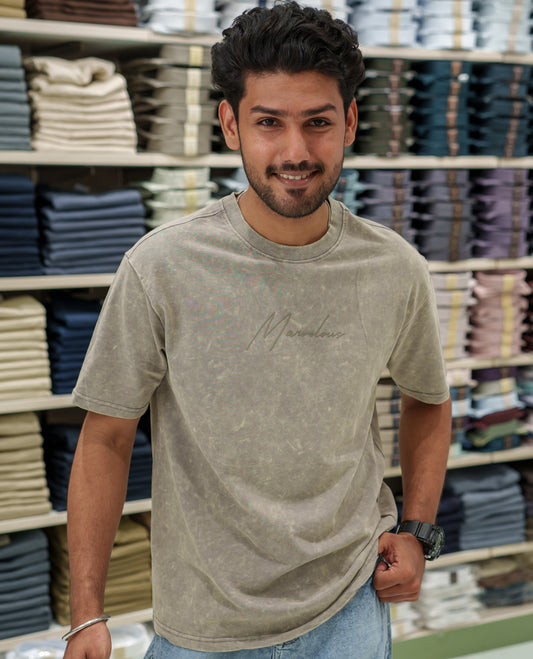 Beige Cotton-Blended Lava-Wash T-Shirt Comes with a Typographic Print, Crew Neck, Half Sleeves, Oversized Fit, and Regular Length