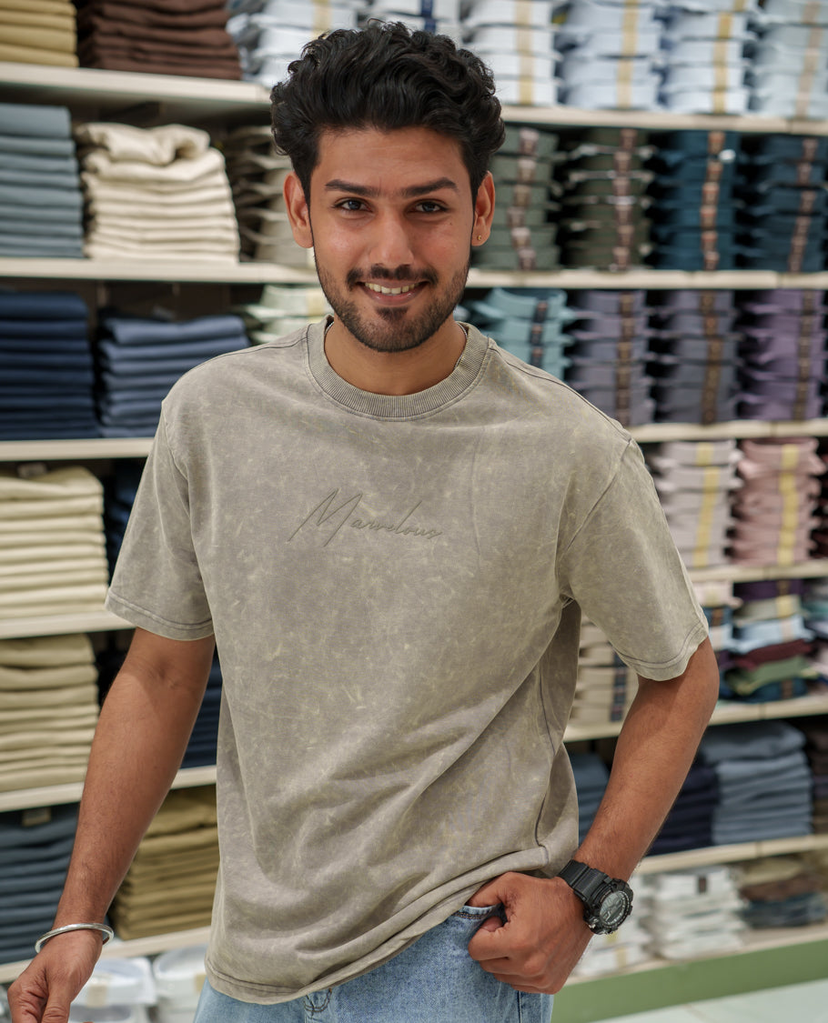 Beige Cotton-Blended Lava-Wash T-Shirt Comes with a Typographic Print, Crew Neck, Half Sleeves, Oversized Fit, and Regular Length