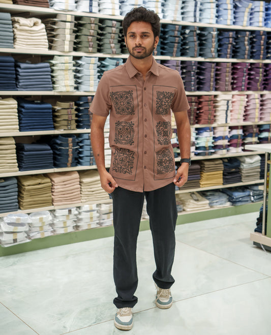 Brown Cotton-Blended Casual Shirt Comes with Intricate Print, Spread Collar, Half Sleeves, Regular Fit, and Regular Length