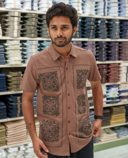 Brown Cotton-Blended Casual Shirt Comes with Intricate Print, Spread Collar, Half Sleeves, Regular Fit, and Regular Length