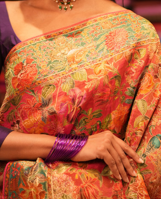 Pink Tropical Floral Russian Dola Tissue Saree, Floral-Bird Border, and a Matching Blouse