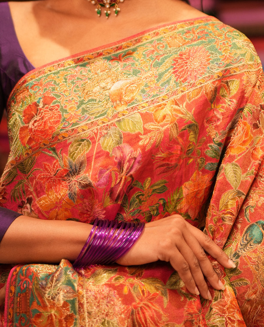 Pink Tropical Floral Russian Dola Tissue Saree, Floral-Bird Border, and a Matching Blouse