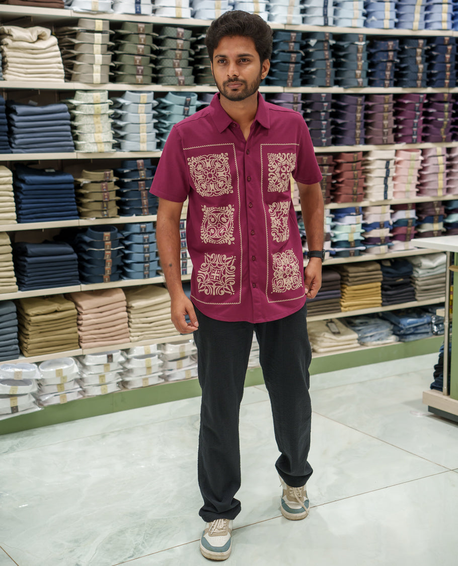 Red Cotton-Blended Casual Shirt Comes with Intricate Print, Spread Collar, Half Sleeves, Regular Fit, and Regular Length