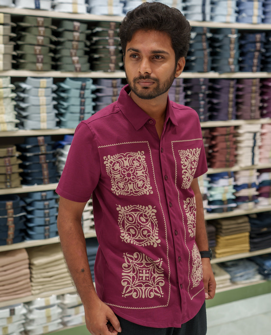 Red Cotton-Blended Casual Shirt Comes with Intricate Print, Spread Collar, Half Sleeves, Regular Fit, and Regular Length
