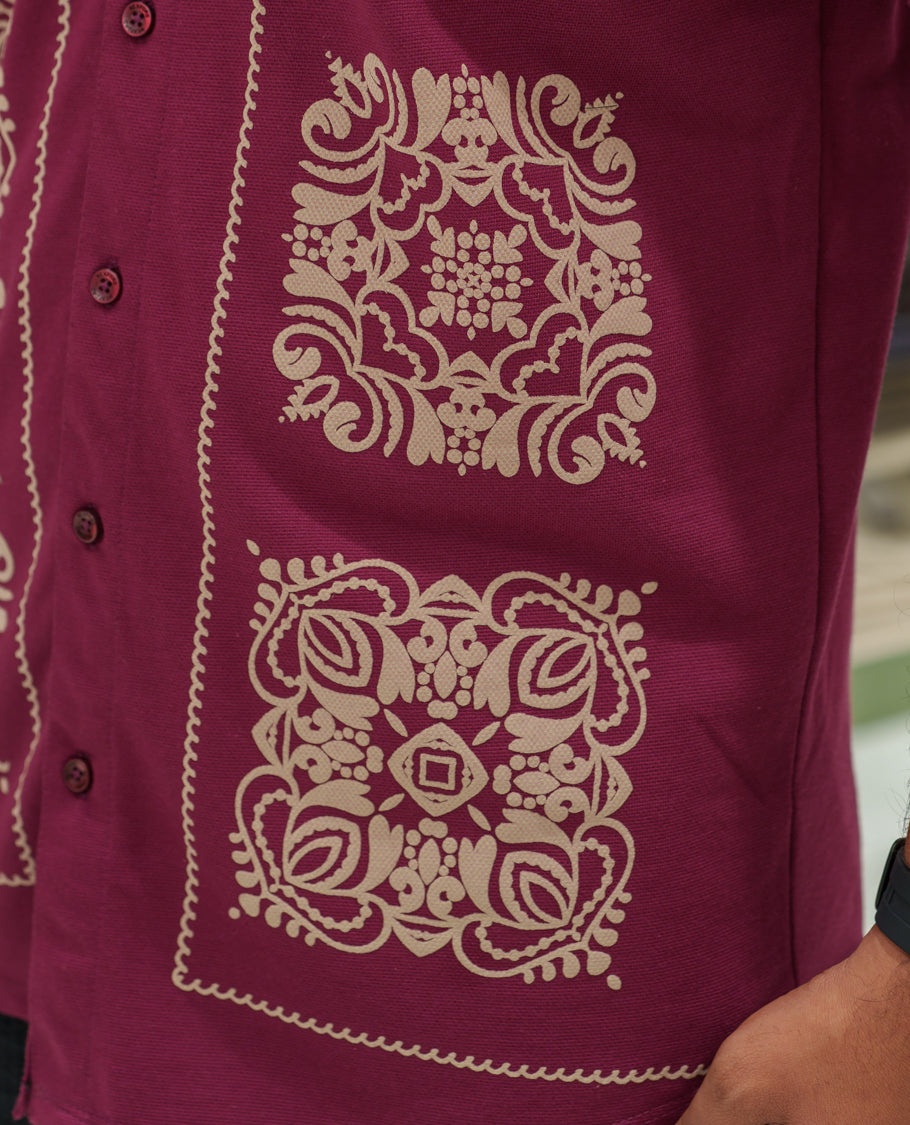 Red Cotton-Blended Casual Shirt Comes with Intricate Print, Spread Collar, Half Sleeves, Regular Fit, and Regular Length