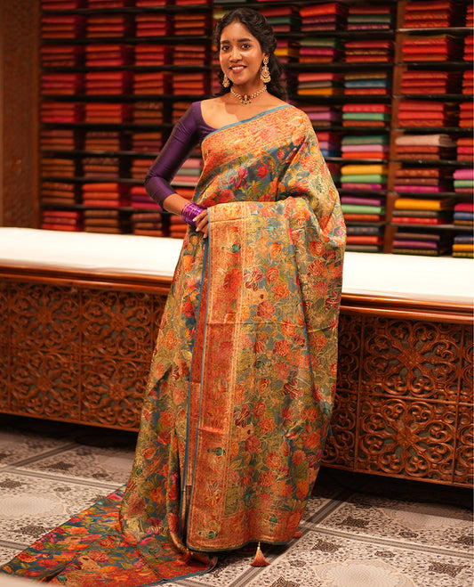 Blue Tropical Floral Russian Dola Tissue Saree, Floral-Bird Border, and a Matching Blouse
