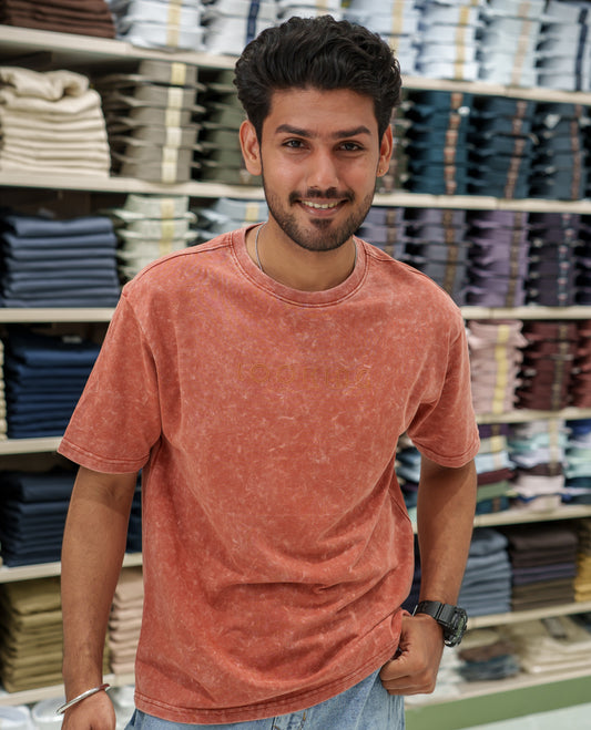 Orange Cotton-Blended Lava-Wash T-Shirt Comes with a Typographic Print, Crew Neck, Half Sleeves, Oversized Fit, and Regular Length