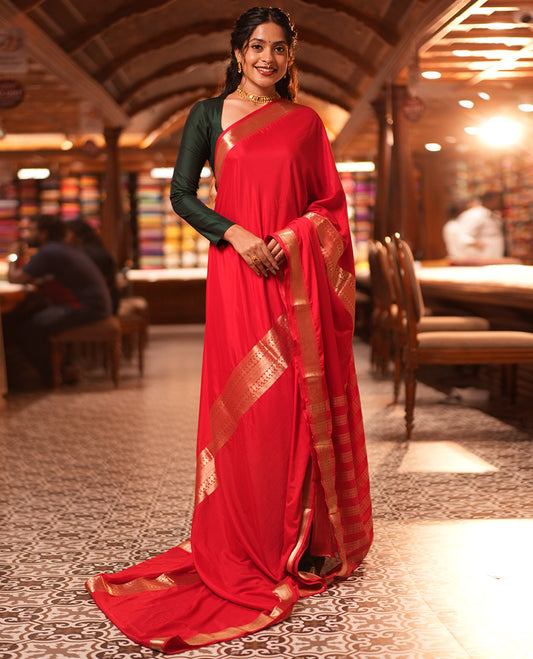 Red Traditional Zari Woven Mysore Silk Saree, a Zari Border, Striped Pallu, and a Matching Blouse