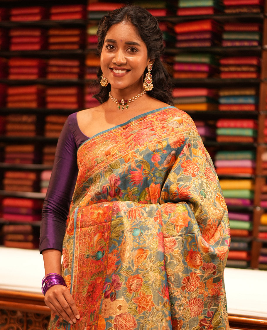 Blue Tropical Floral Russian Dola Tissue Saree, Floral-Bird Border, and a Matching Blouse