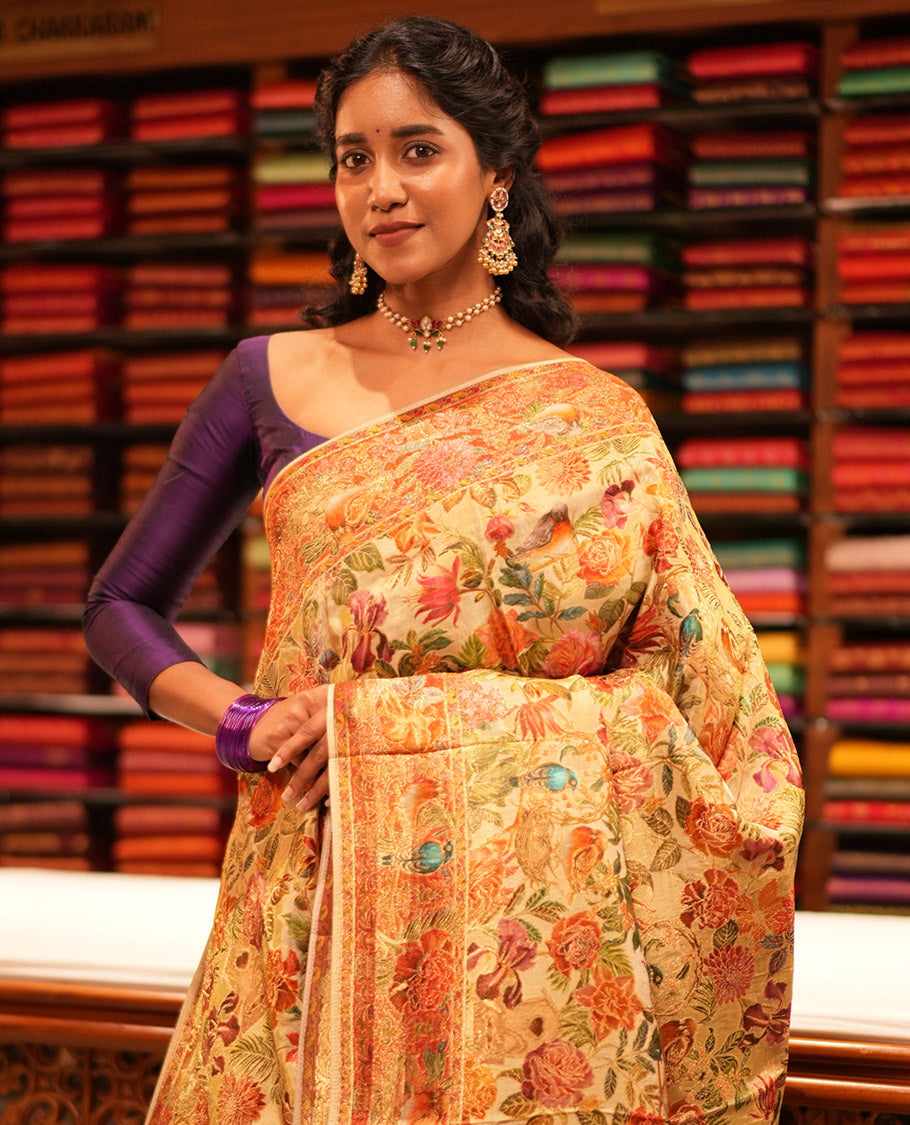 Off-White Tropical Floral Russian Dola Tissue Saree, Contrast Floral-Bird Border, and a Contrast Blouse