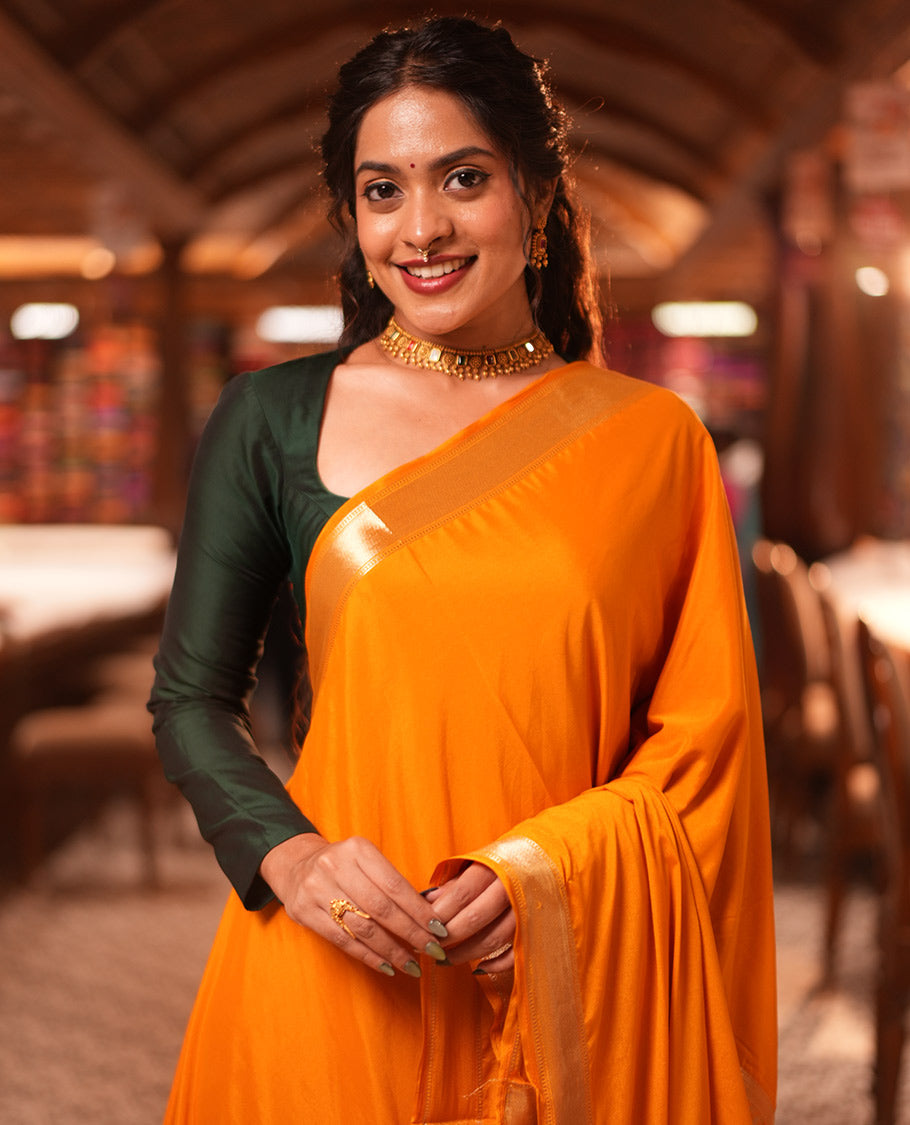 Mustard Traditional Zari Woven Mysore Silk Saree, a Zari Border, Striped Pallu, and a Matching Blouse