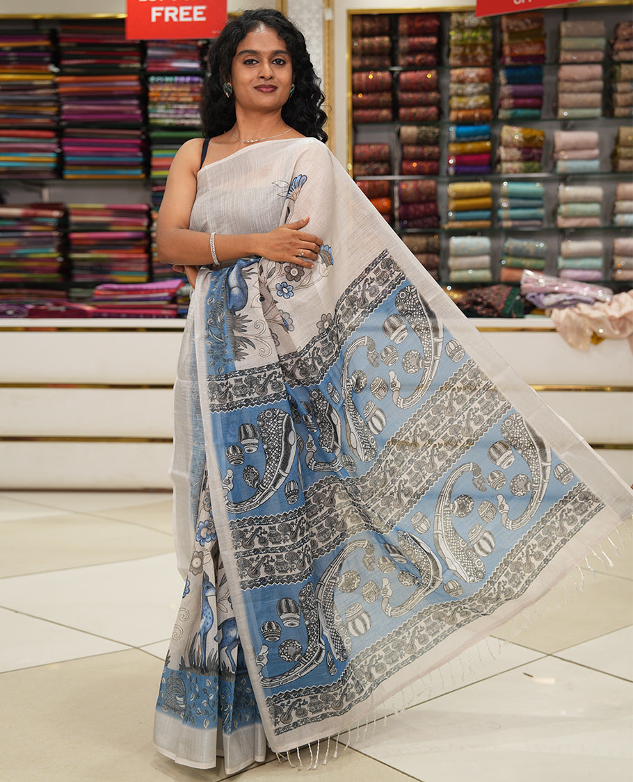 Light Chikku Linen Cotton Saree, Adorned with Flora-Fauna Print, a Zari Border, Musical Instruments Printed Pallu, and a Matching Blouse