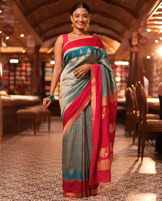 Rama Blue Wrinkle Crepe Saree, Contrast Temple Border, Peacock Pallu, and a Contrast Blouse