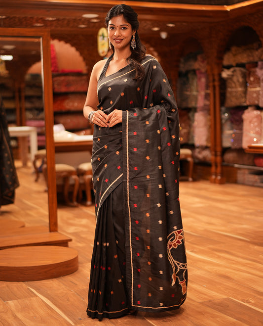 Black Matka Silk Saree Features Thread Buttas, a Self-Border, Pichwai Cow Pallu, Matching Blouse